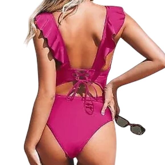 Cupshe Women's Pink Ruffle One Piece Size M Sexy Plunge Minimalist NWT - Picture 2 of 7